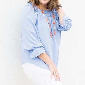 Talbots blue ruffle neck and sleeve blouse